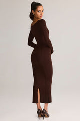 Modal Peekaboo Long-Sleeve Midi Dress in Chocolate Brown