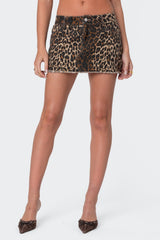 Bow Pocket Leopard Printed Denim Mini Skirt