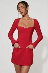 Sweetheart-Neck Long-Sleeve A-Line Mini Dress in Red
