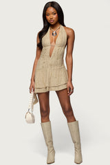 Shredded Backless Halter Mini Dress